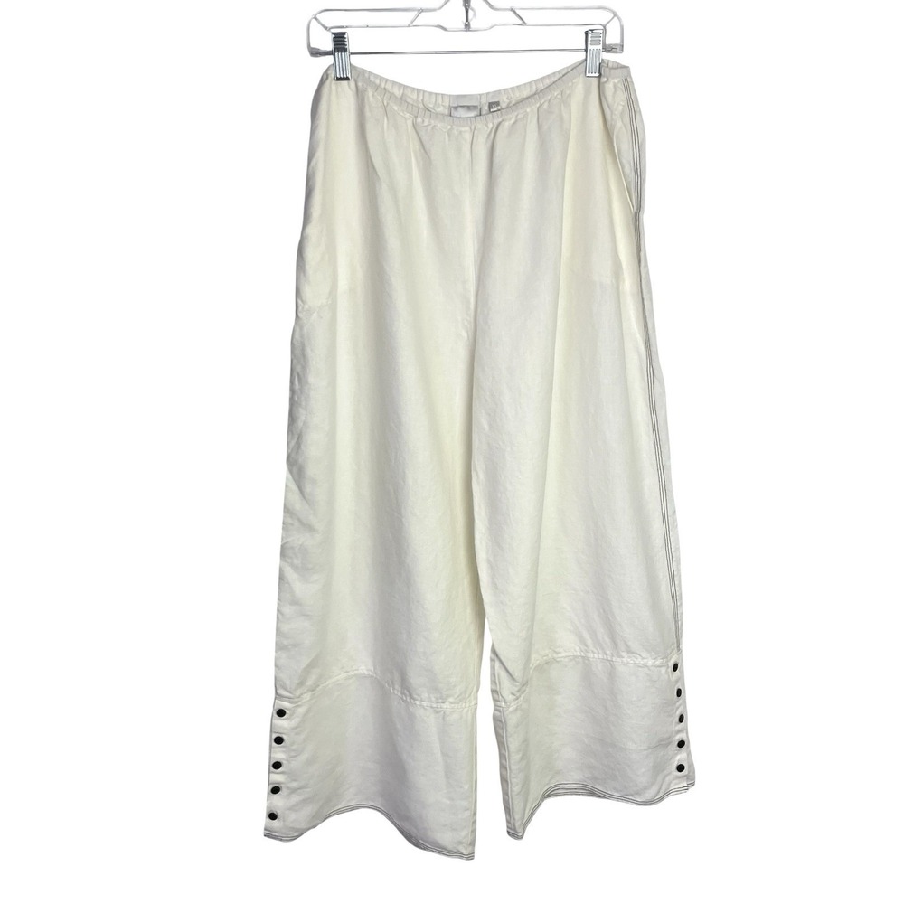 Kleen Womens 100% Linen Wide Leg Pants Sz XL White Ivory Cropped Elastic Waist